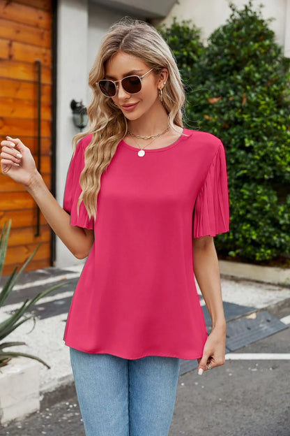 Pleated Flutter Sleeve Round Neck Blouse - VILLA FASHION