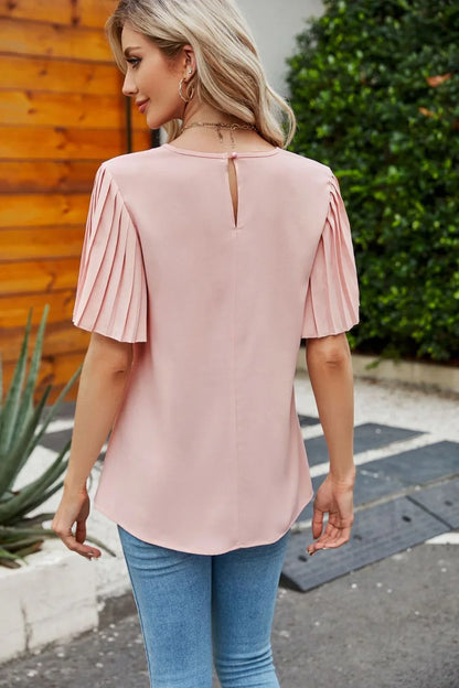 Pleated Flutter Sleeve Round Neck Blouse - VILLA FASHION