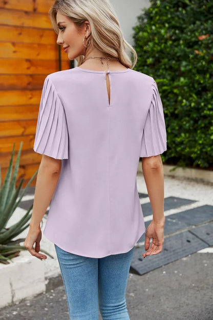 Pleated Flutter Sleeve Round Neck Blouse - VILLA FASHION