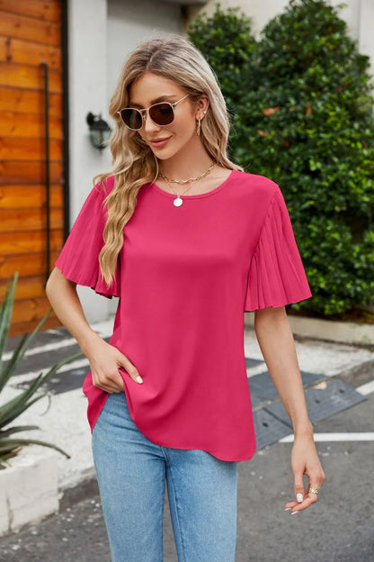 Pleated Flutter Sleeve Round Neck Blouse - VILLA FASHION