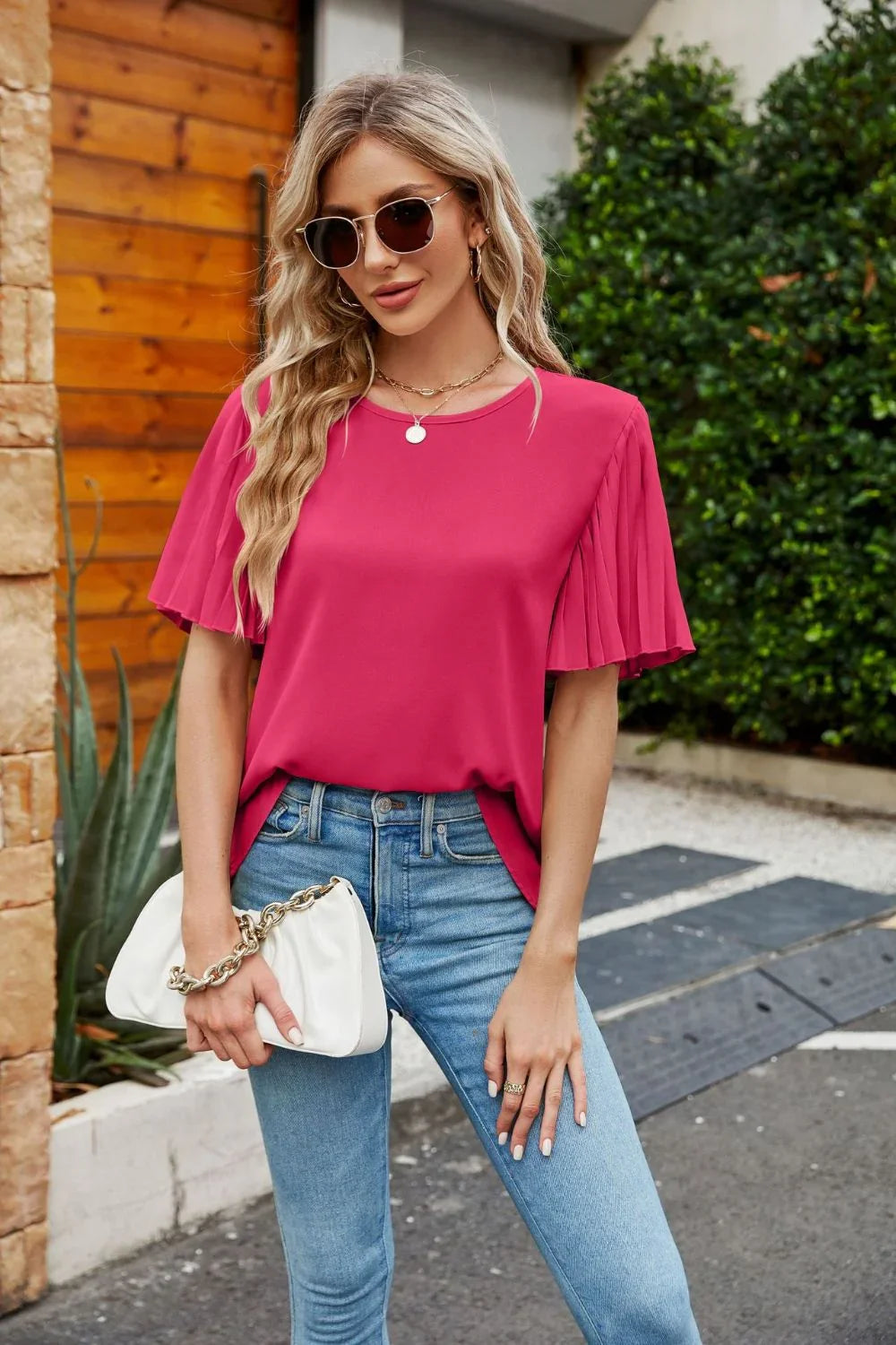 Pleated Flutter Sleeve Round Neck Blouse - VILLA FASHION
