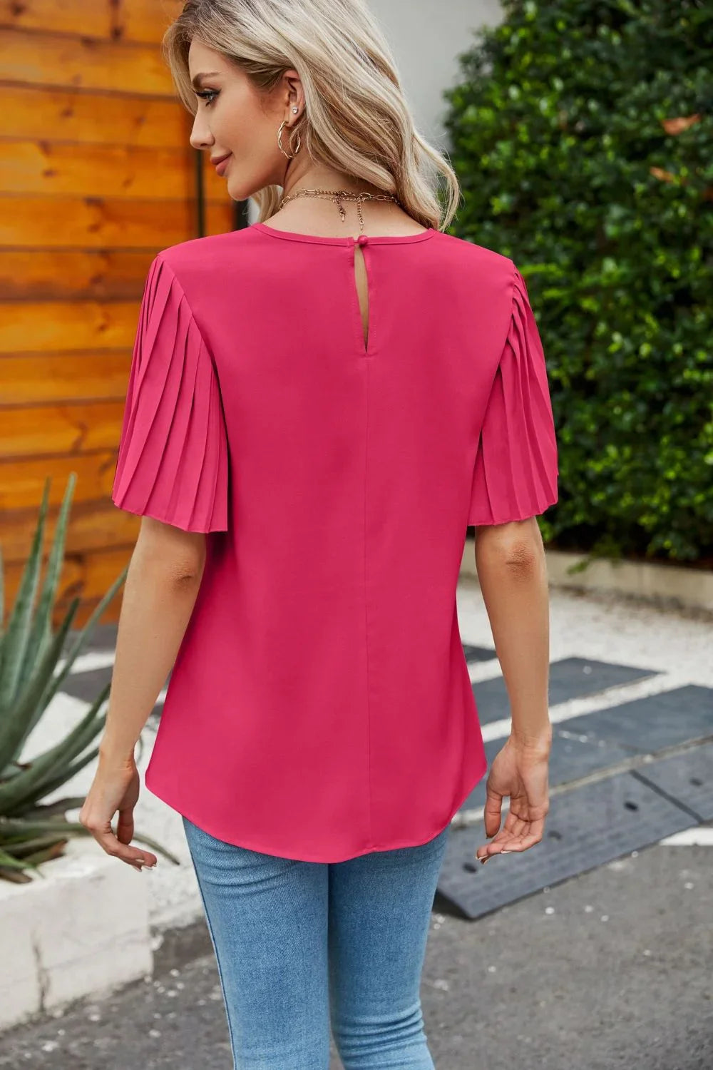 Pleated Flutter Sleeve Round Neck Blouse - VILLA FASHION
