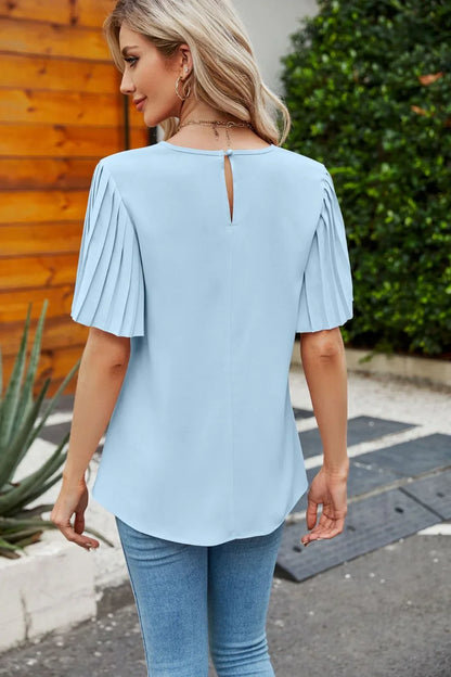 Pleated Flutter Sleeve Round Neck Blouse - VILLA FASHION