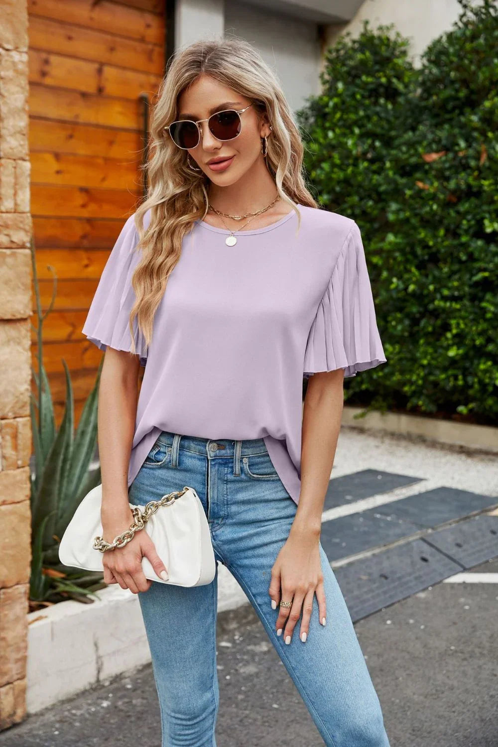 Pleated Flutter Sleeve Round Neck Blouse - VILLA FASHION