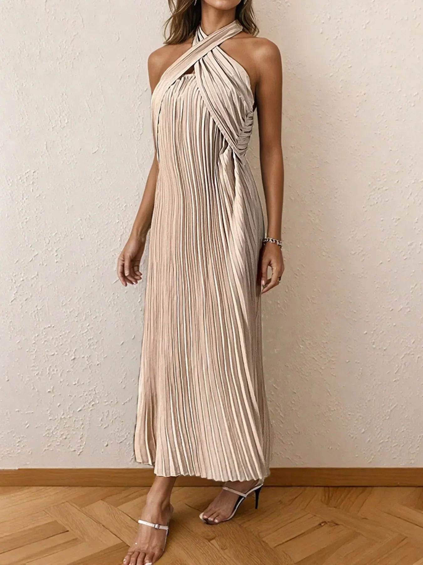Pleated Halter Neck Midi Dress - VILLA FASHION
