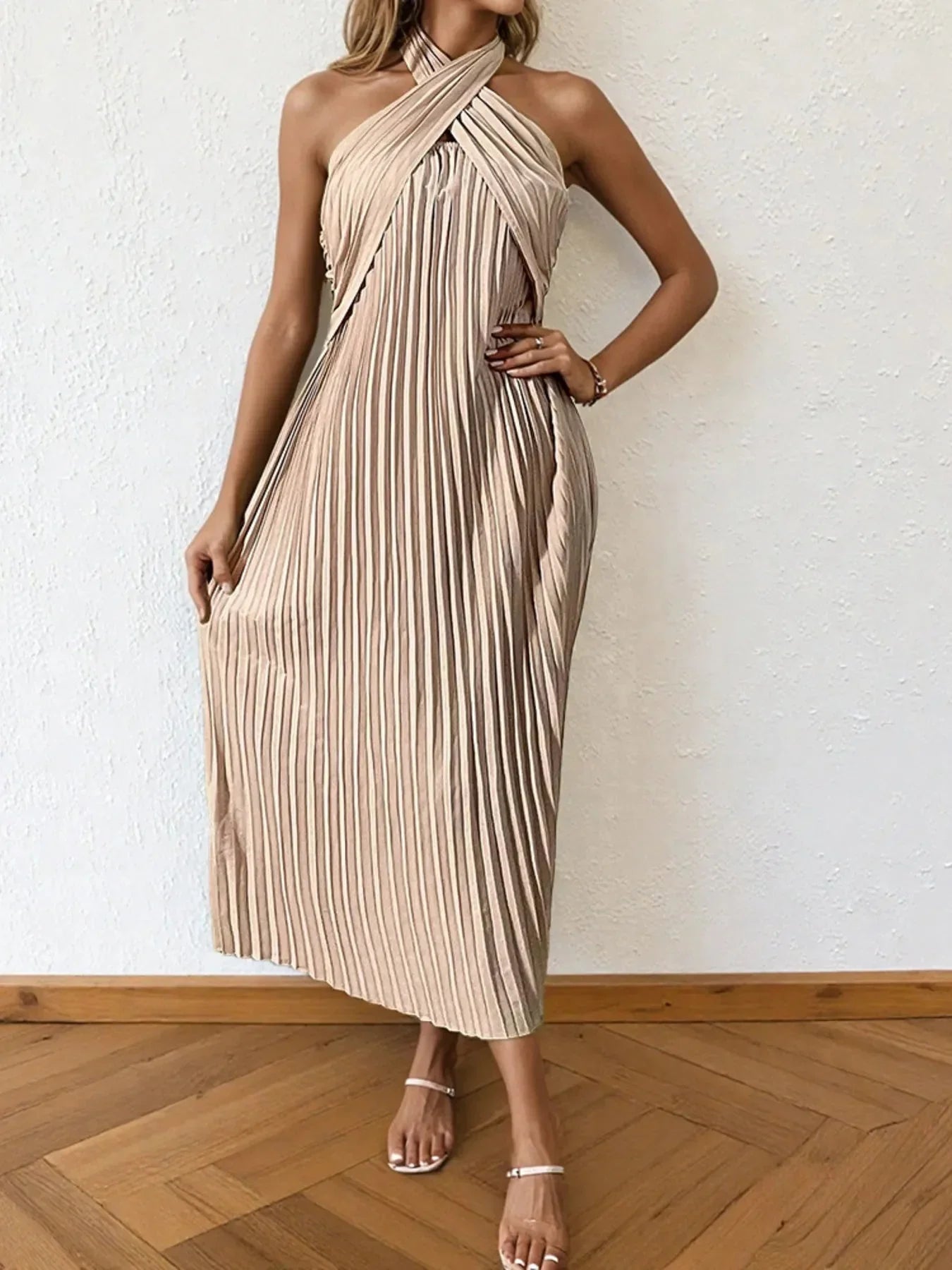 Pleated Halter Neck Midi Dress - VILLA FASHION