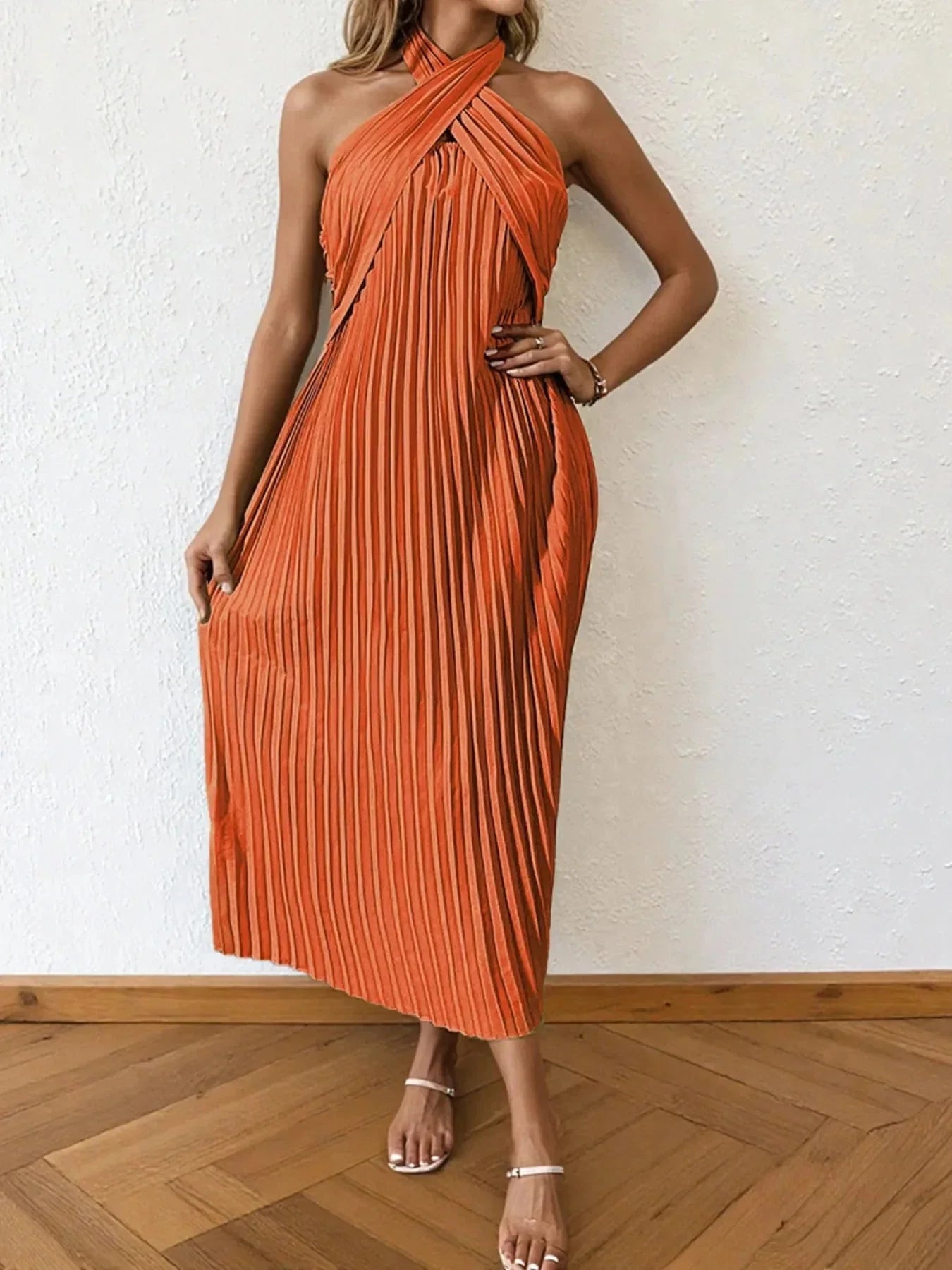Pleated Halter Neck Midi Dress - VILLA FASHION