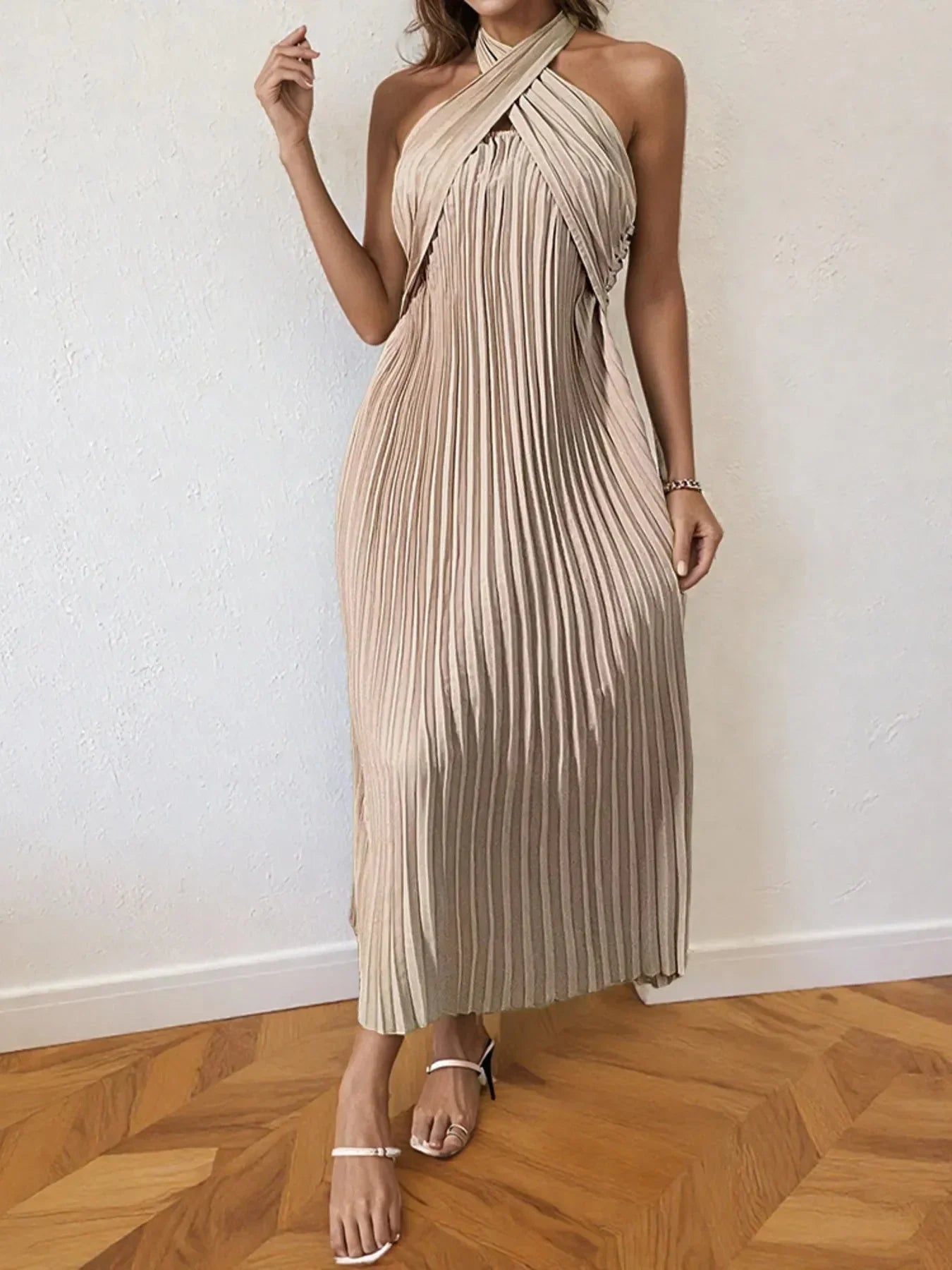 Pleated Halter Neck Midi Dress - VILLA FASHION
