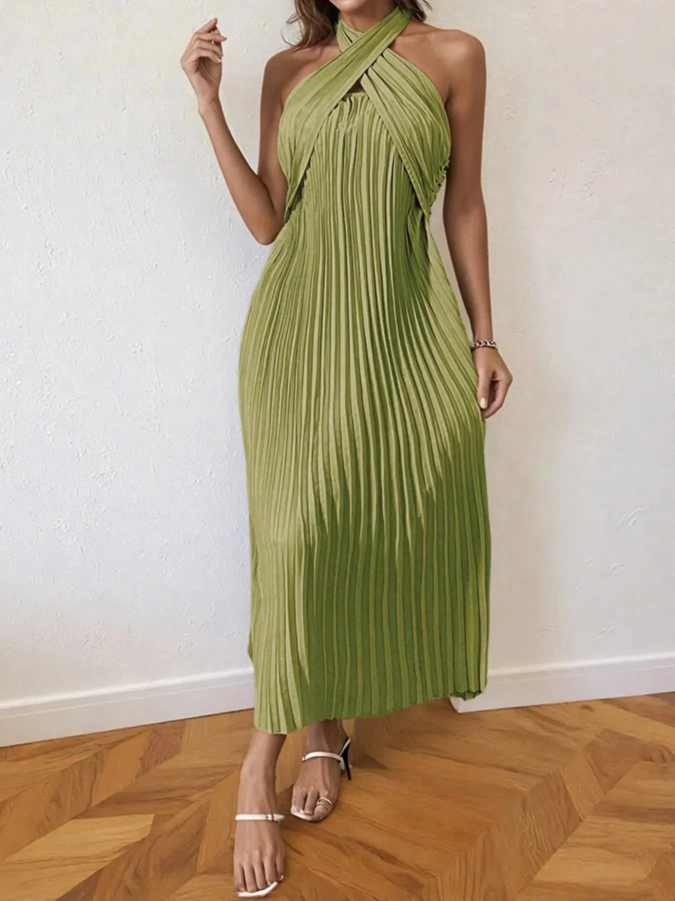 Pleated Halter Neck Midi Dress - VILLA FASHION