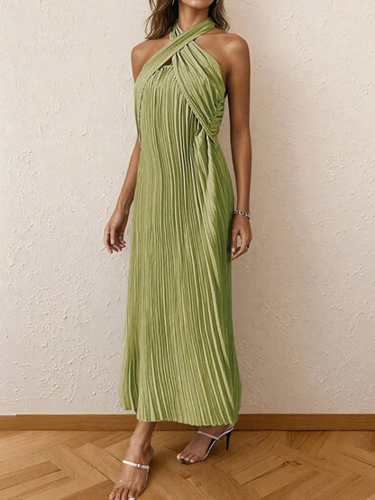 Pleated Halter Neck Midi Dress - VILLA FASHION