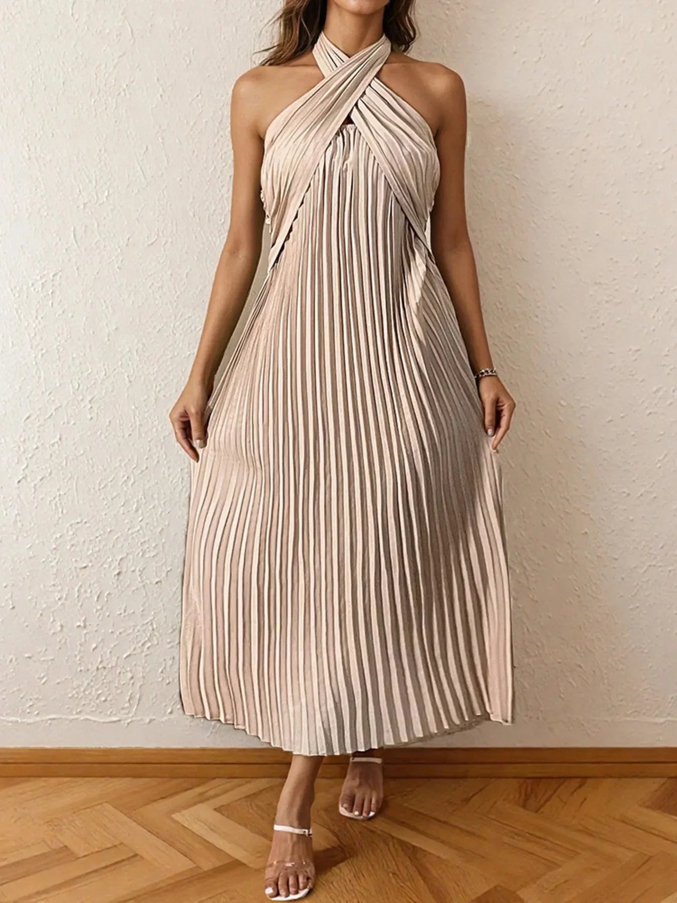 Pleated Halter Neck Midi Dress - VILLA FASHION