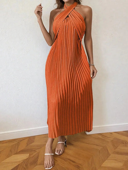 Pleated Halter Neck Midi Dress - VILLA FASHION