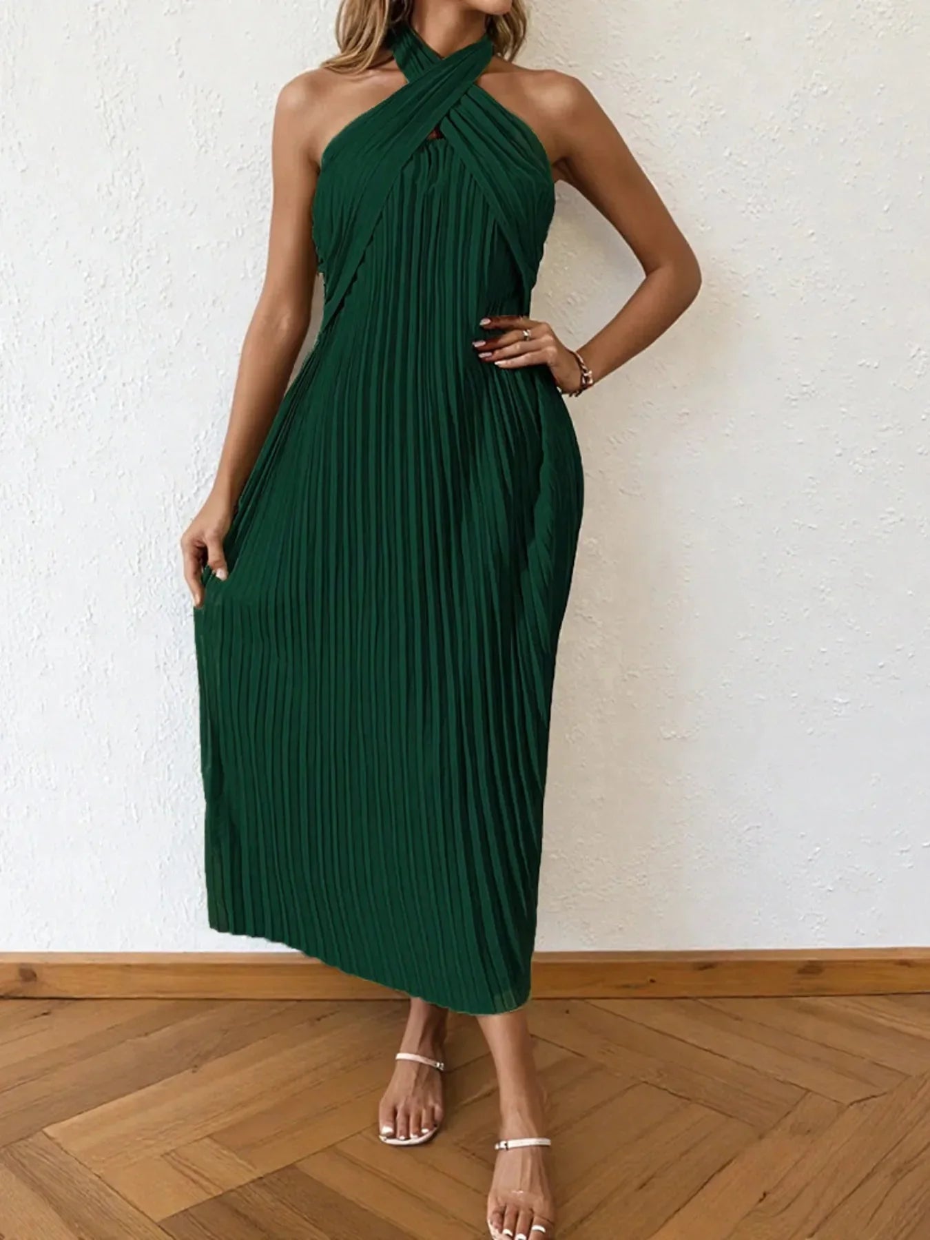 Pleated Halter Neck Midi Dress - VILLA FASHION