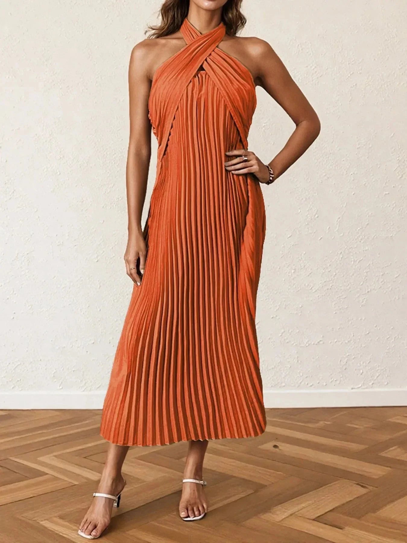 Pleated Halter Neck Midi Dress - VILLA FASHION