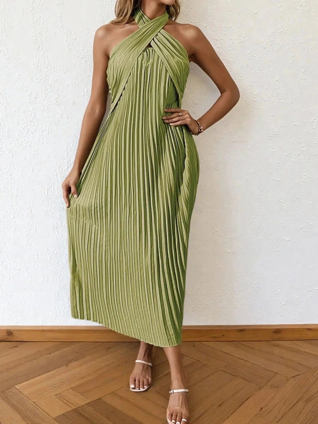 Pleated Halter Neck Midi Dress - VILLA FASHION