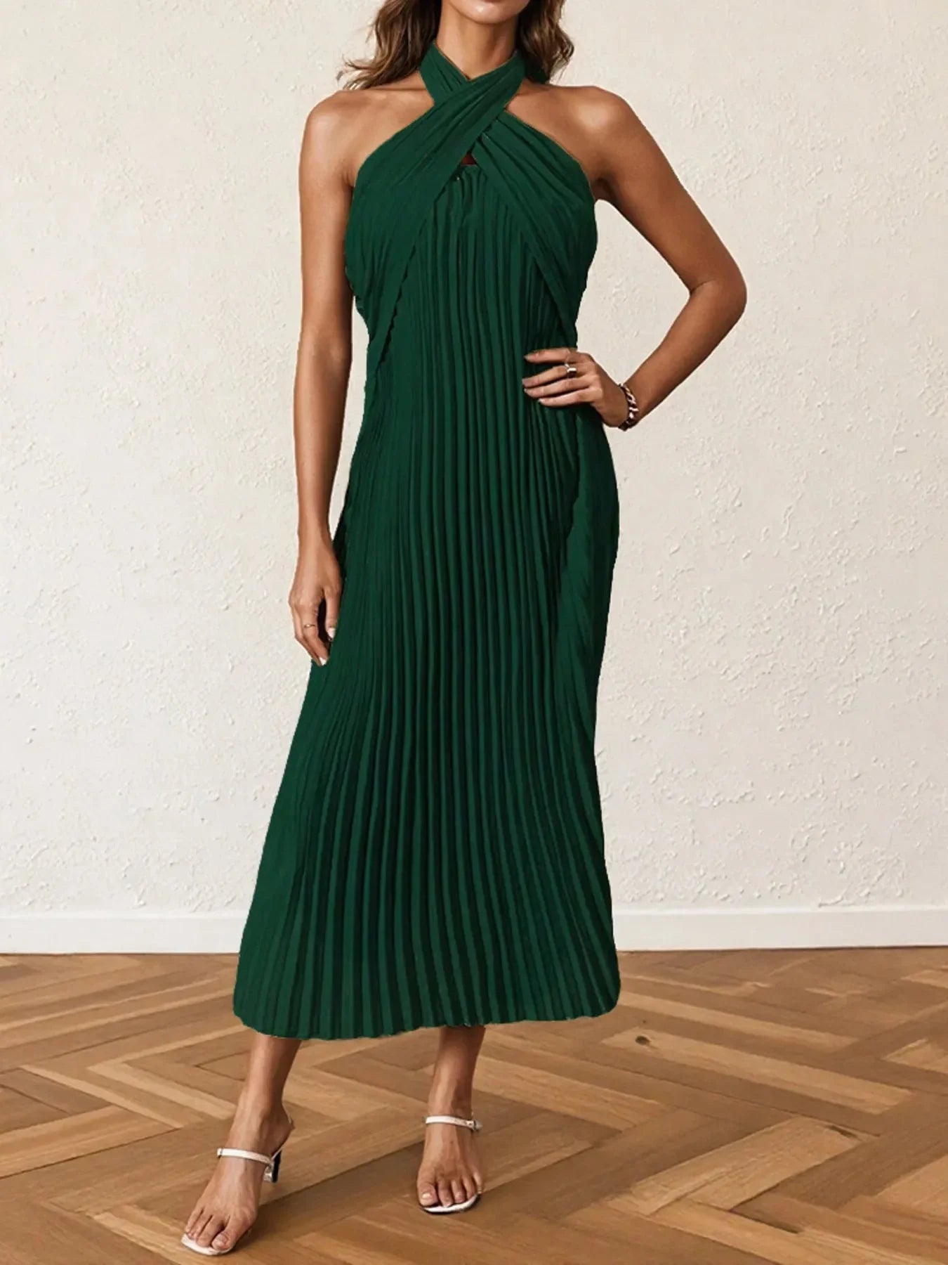Pleated Halter Neck Midi Dress - VILLA FASHION