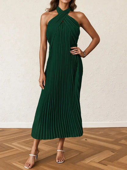Pleated Halter Neck Midi Dress - VILLA FASHION