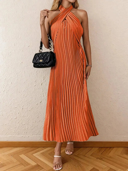 Pleated Halter Neck Midi Dress - VILLA FASHION