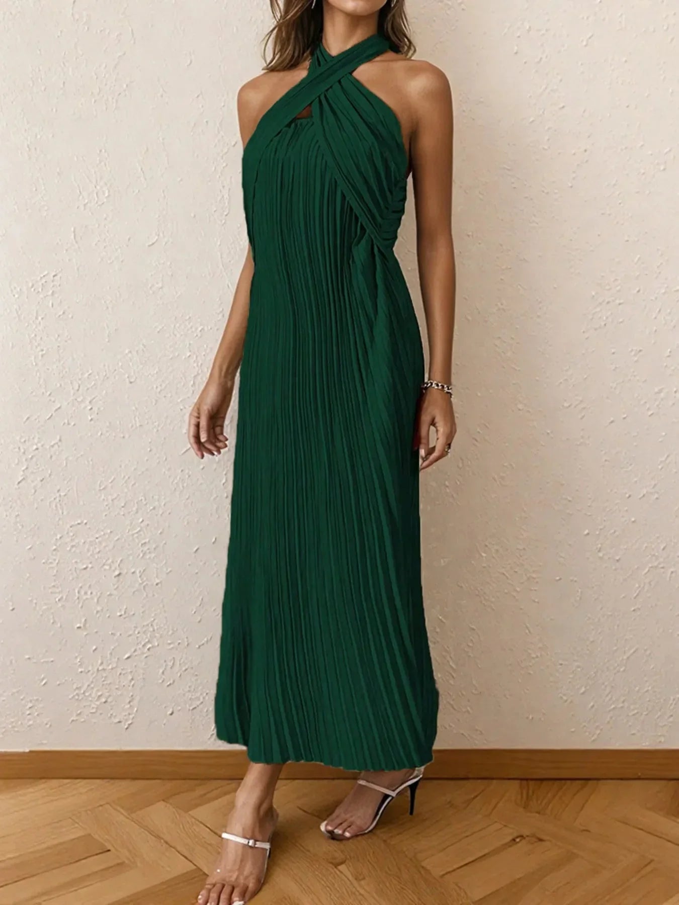 Pleated Halter Neck Midi Dress - VILLA FASHION