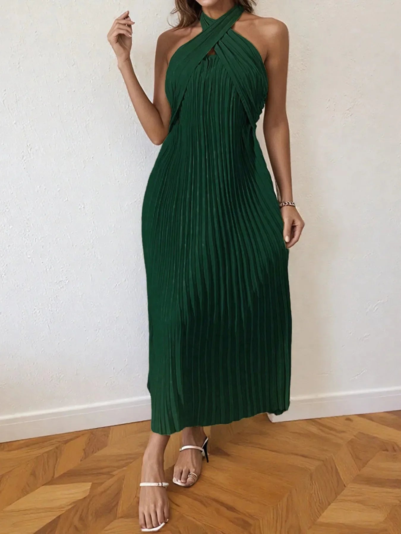 Pleated Halter Neck Midi Dress - VILLA FASHION