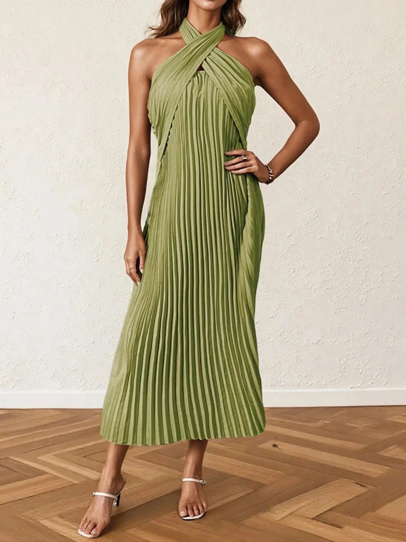 Pleated Halter Neck Midi Dress - VILLA FASHION