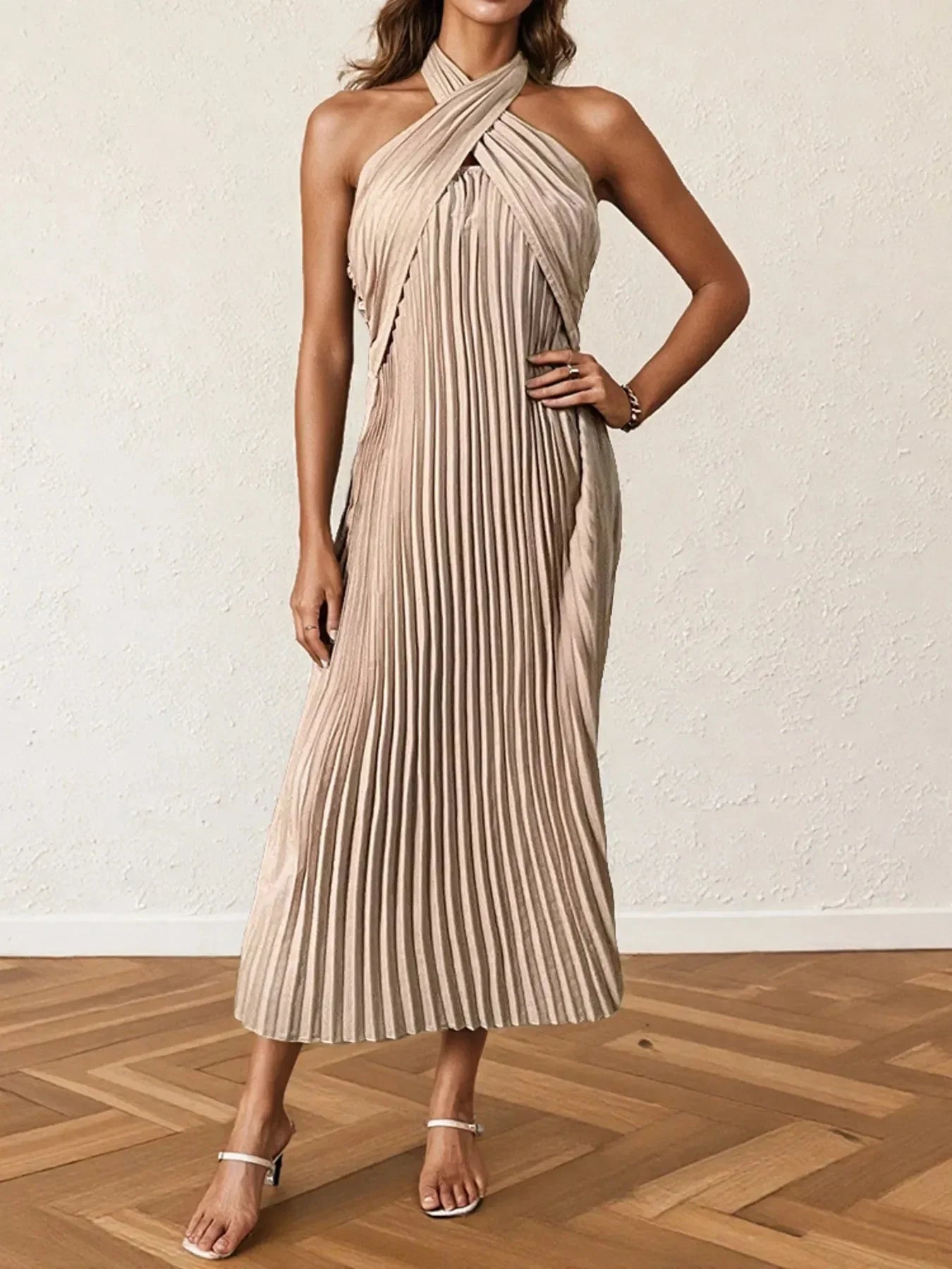 Pleated Halter Neck Midi Dress - VILLA FASHION