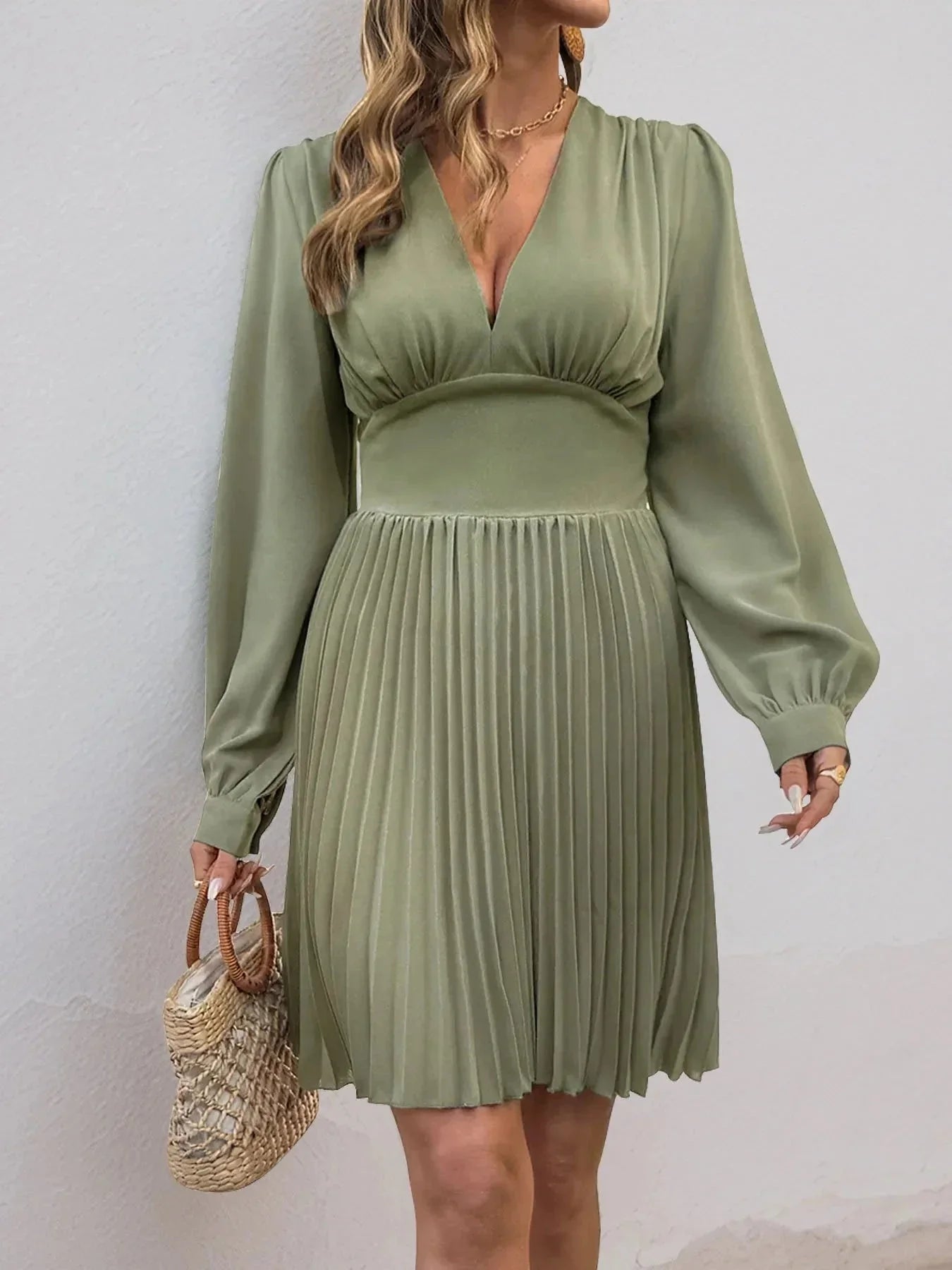 Pleated Long Sleeve V - Neck Dress - VILLA FASHION