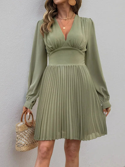 Pleated Long Sleeve V - Neck Dress - VILLA FASHION