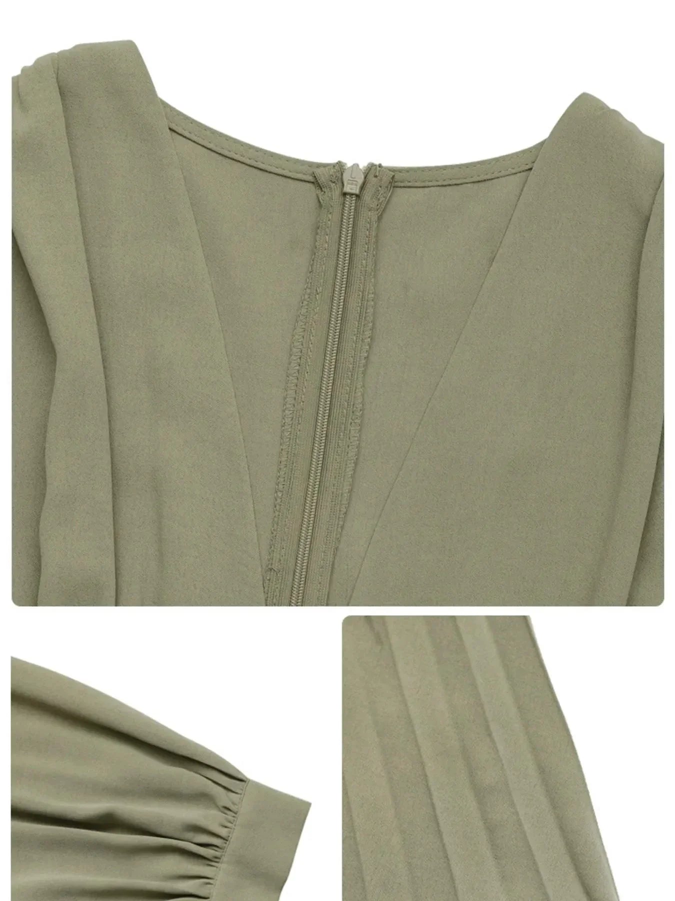 Pleated Long Sleeve V - Neck Dress - VILLA FASHION