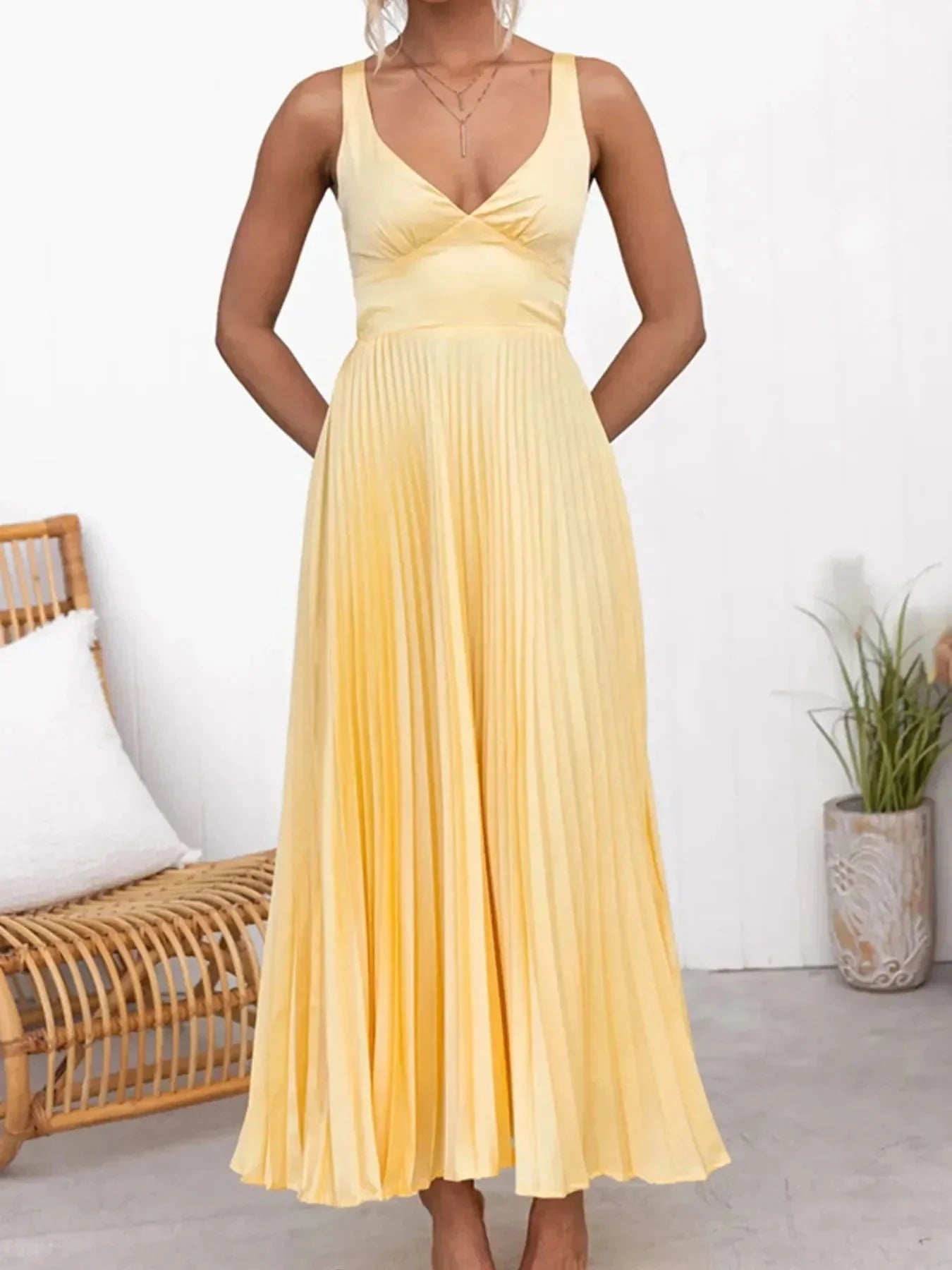 Pleated V - Neck Sleeveless Maxi Dress - VILLA FASHION