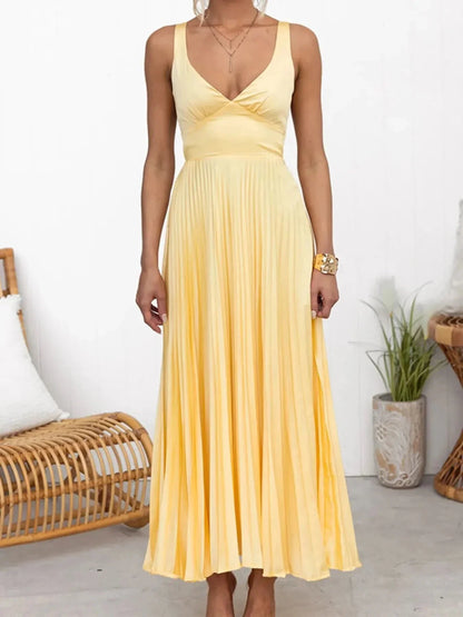 Pleated V - Neck Sleeveless Maxi Dress - VILLA FASHION