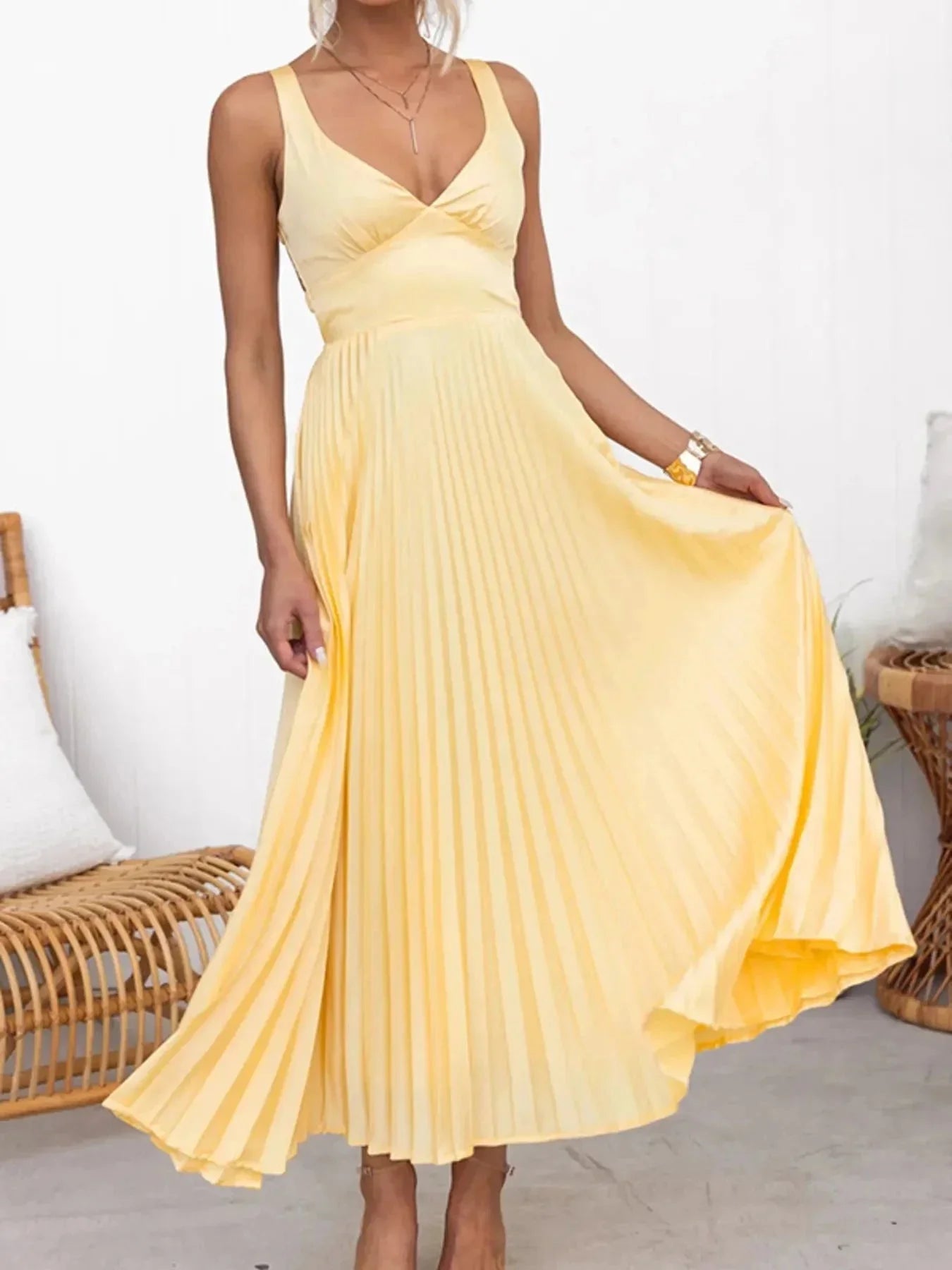 Pleated V - Neck Sleeveless Maxi Dress - VILLA FASHION