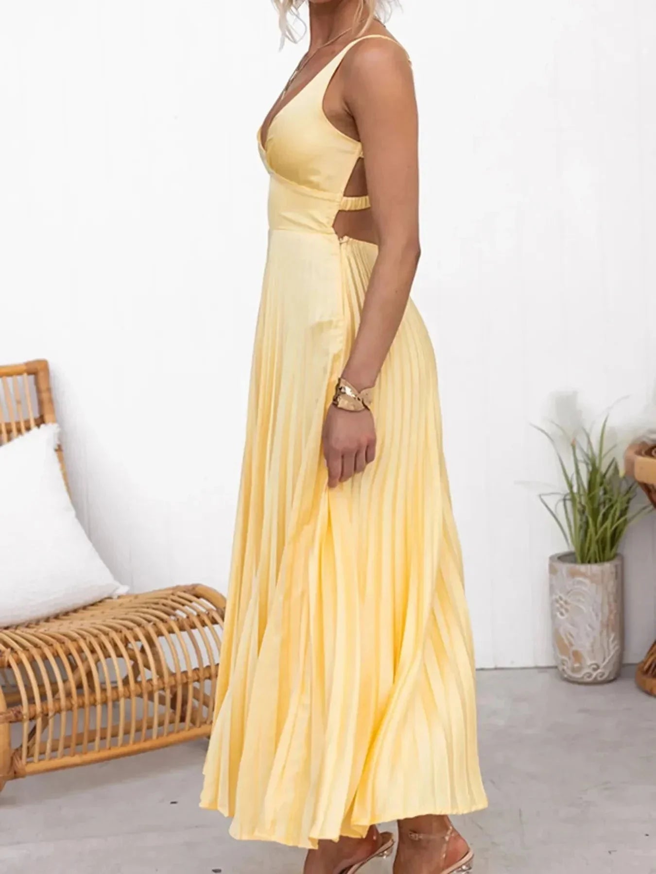 Pleated V - Neck Sleeveless Maxi Dress - VILLA FASHION
