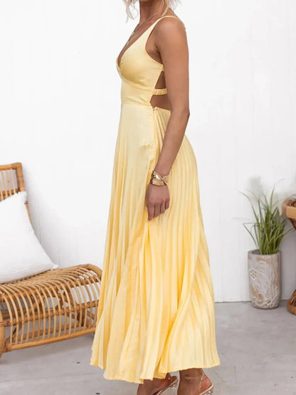 Pleated V - Neck Sleeveless Maxi Dress - VILLA FASHION