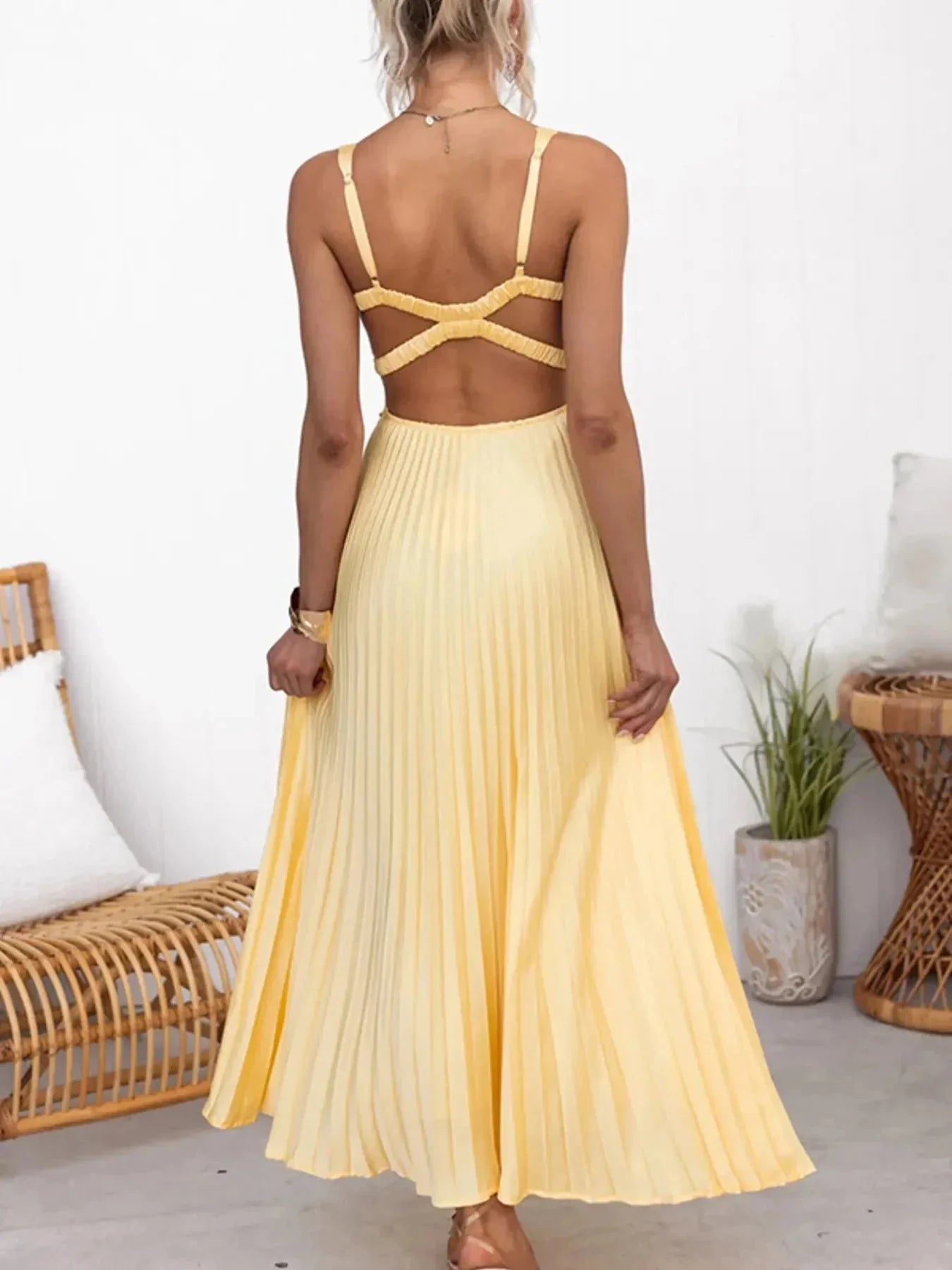 Pleated V - Neck Sleeveless Maxi Dress - VILLA FASHION