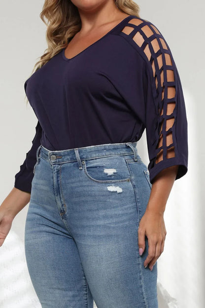 Plus Size Cutout Three - Quarter Sleeve Blouse - VILLA FASHION