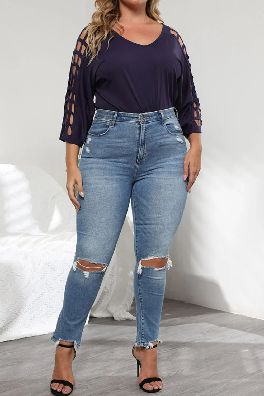 Plus Size Cutout Three - Quarter Sleeve Blouse - VILLA FASHION