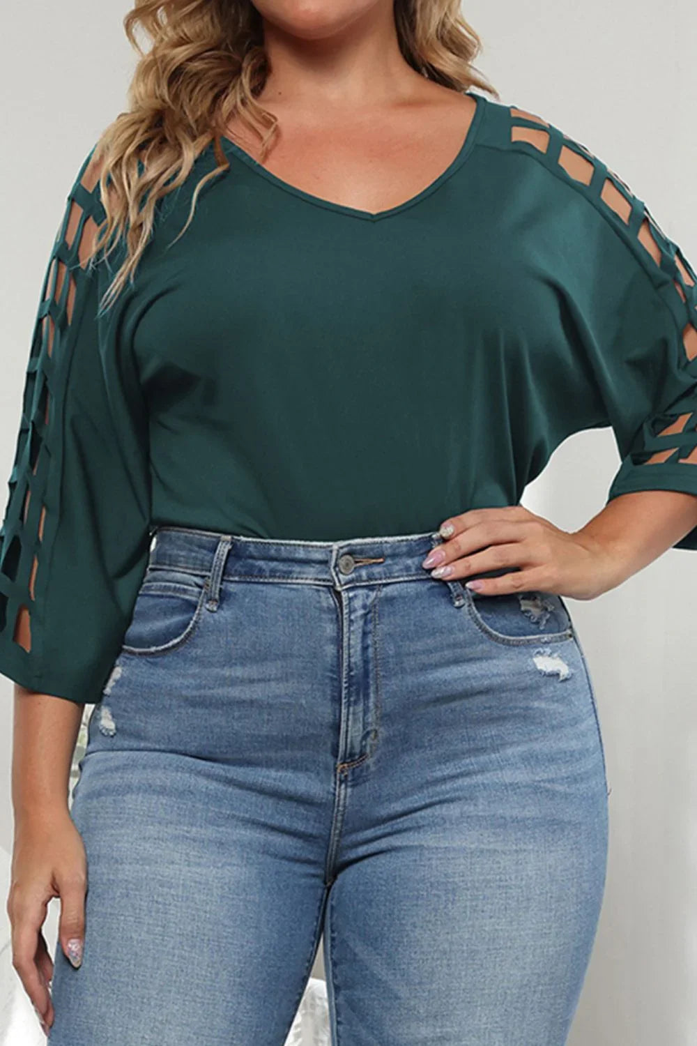Plus Size Cutout Three - Quarter Sleeve Blouse - VILLA FASHION