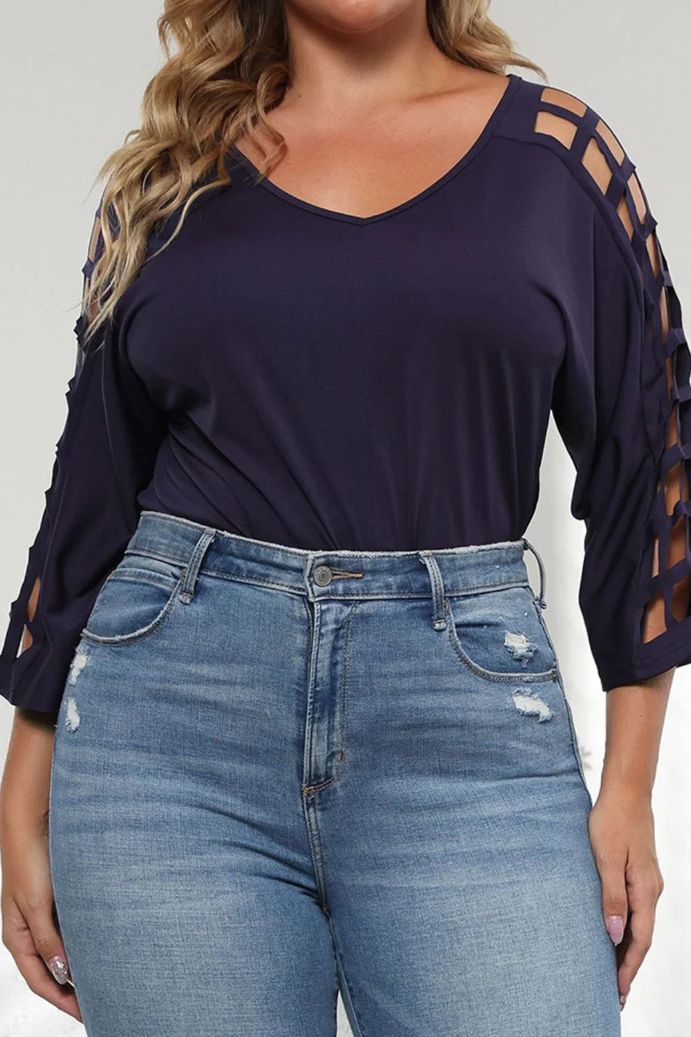 Plus Size Cutout Three - Quarter Sleeve Blouse - VILLA FASHION