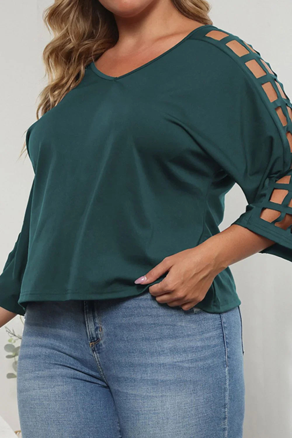 Plus Size Cutout Three - Quarter Sleeve Blouse - VILLA FASHION