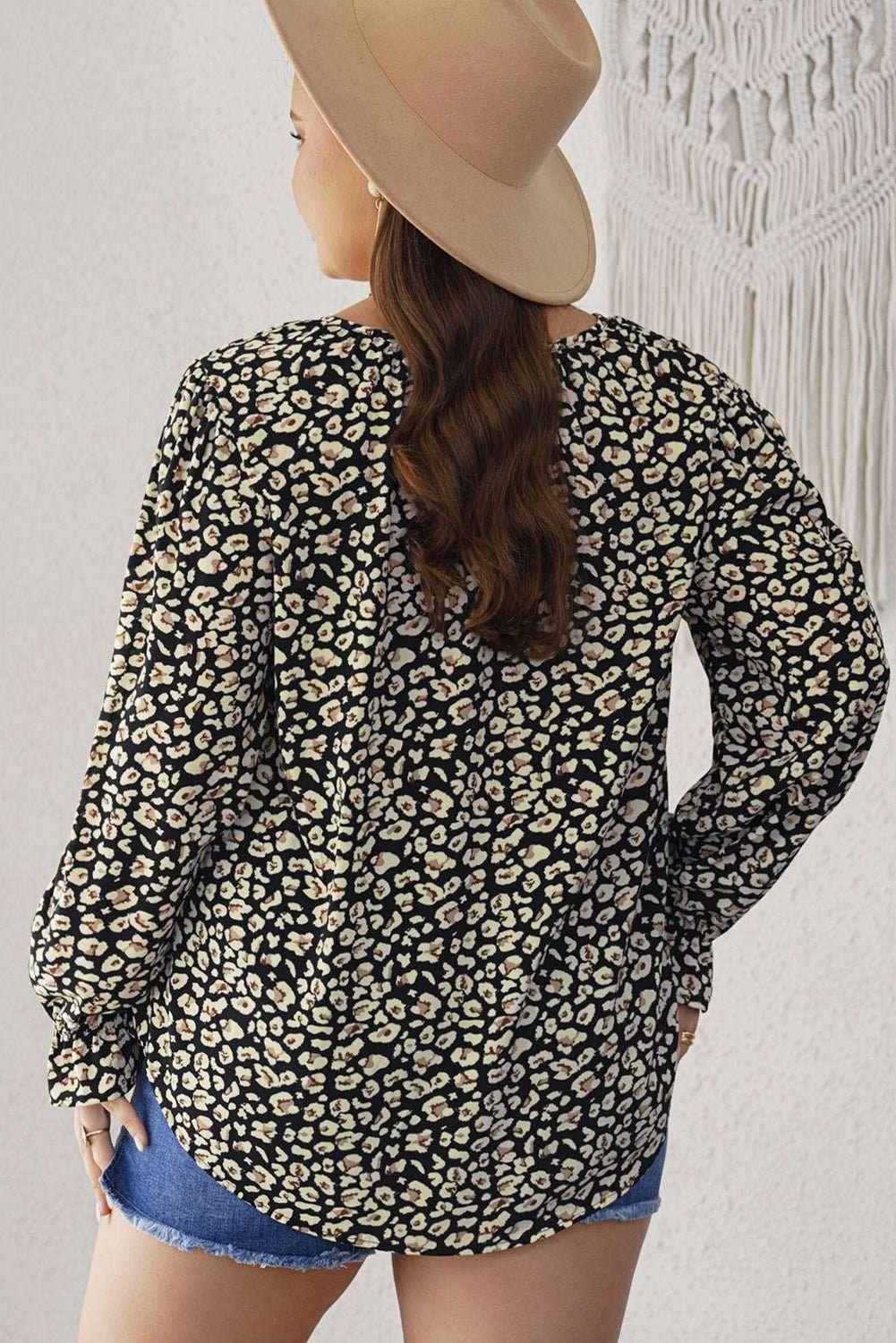 Plus Size Floral Flounce Sleeve Tie - Neck Blouse - VILLA FASHION