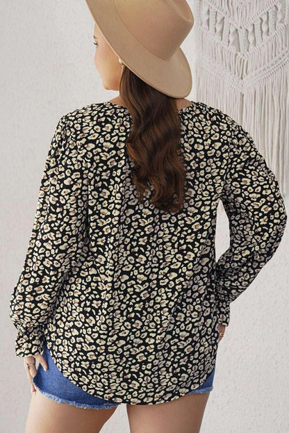 Plus Size Floral Flounce Sleeve Tie - Neck Blouse - VILLA FASHION