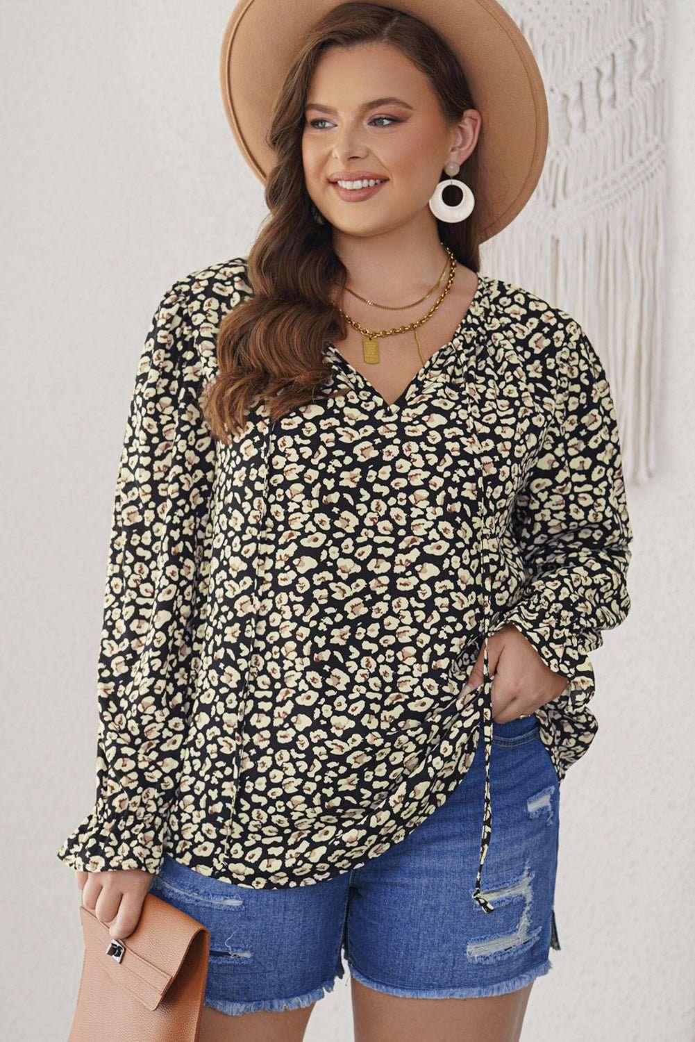 Plus Size Floral Flounce Sleeve Tie - Neck Blouse - VILLA FASHION