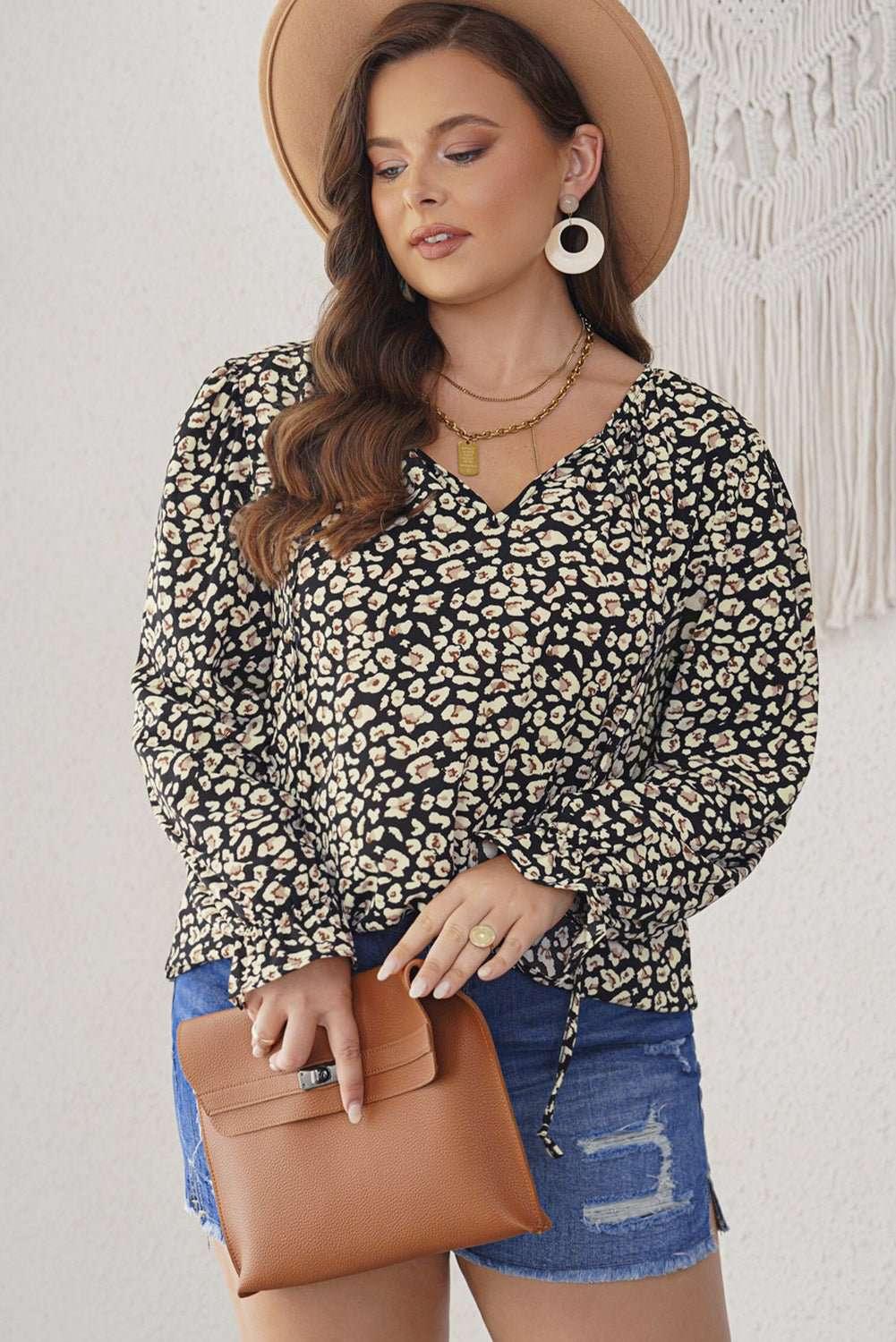 Plus Size Floral Flounce Sleeve Tie - Neck Blouse - VILLA FASHION