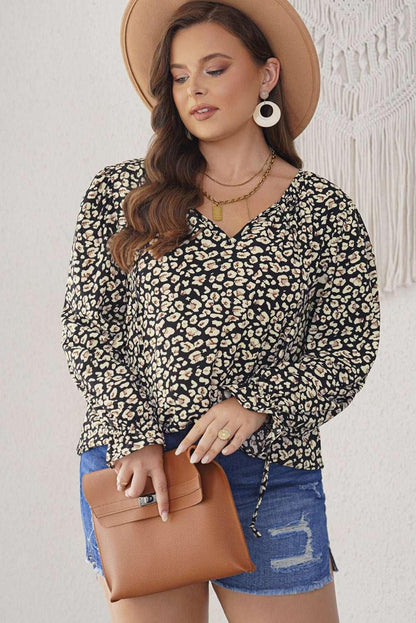 Plus Size Floral Flounce Sleeve Tie - Neck Blouse - VILLA FASHION