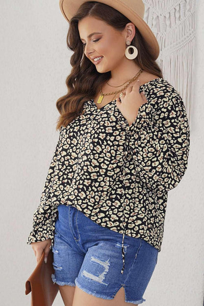 Plus Size Floral Flounce Sleeve Tie - Neck Blouse - VILLA FASHION