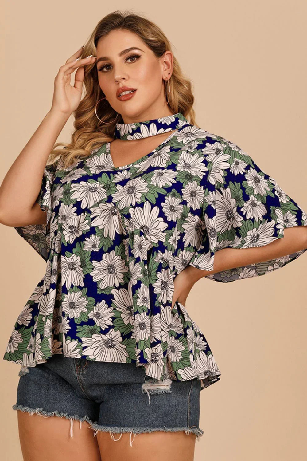 Plus Size Floral Flutter Sleeve Cutout Blouse - VILLA FASHION