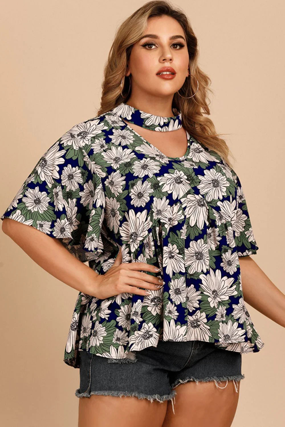 Plus Size Floral Flutter Sleeve Cutout Blouse - VILLA FASHION