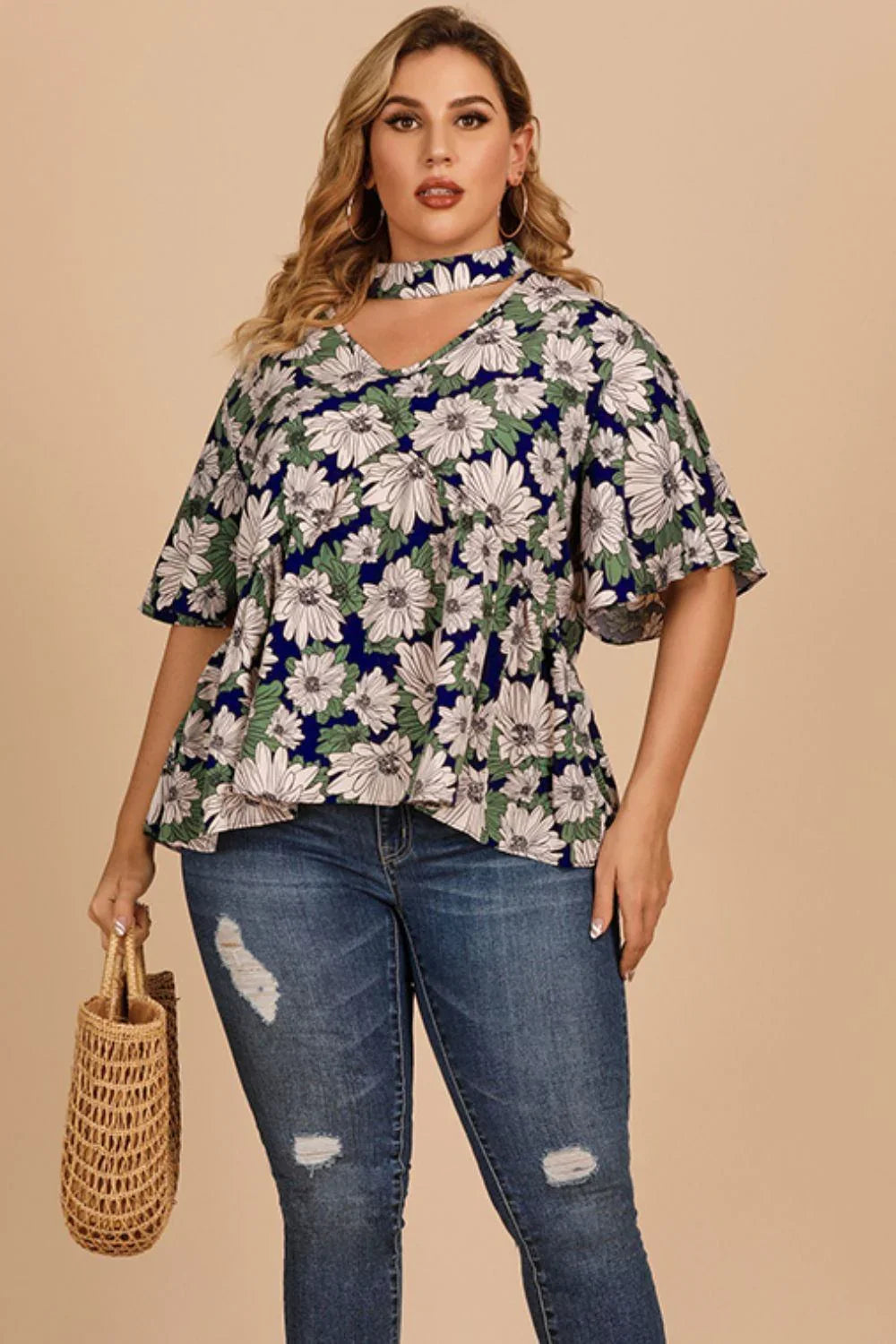 Plus Size Floral Flutter Sleeve Cutout Blouse - VILLA FASHION