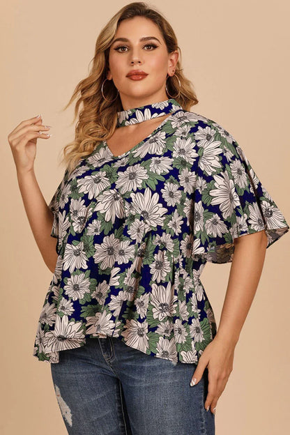 Plus Size Floral Flutter Sleeve Cutout Blouse - VILLA FASHION